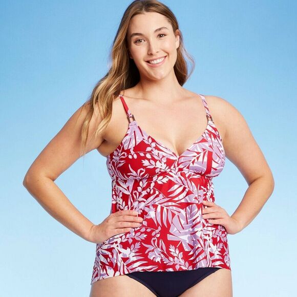 Kona Sol Tankini S Red Purple Palm Plant Tropical Swimsuit Top Deep VNeck Modest - Picture 5 of 12